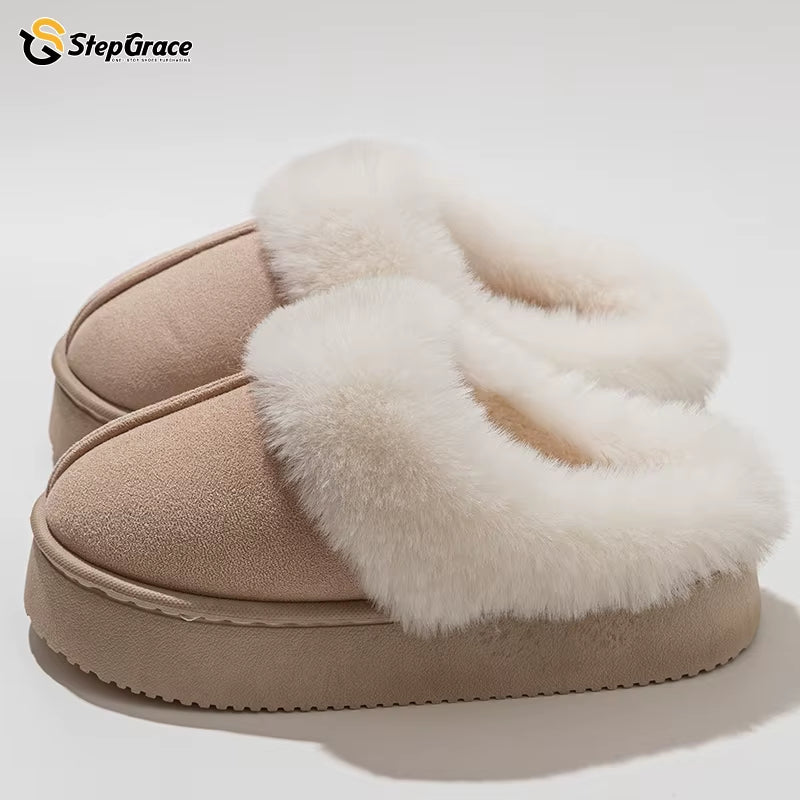 Stepgrace High Quality Indoor Warm Nonslip Fur Slipper PVC Thick Soles Wear Waterproof Wear-Resistant Soft Soles Winter Slippers