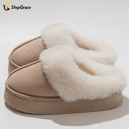 Stepgrace High Quality Indoor Warm Nonslip Fur Slipper PVC Thick Soles Wear Waterproof Wear-Resistant Soft Soles Winter Slippers