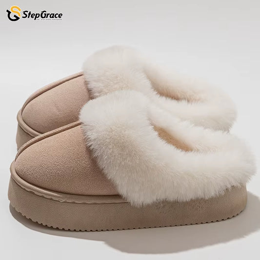 Stepgrace High Quality Indoor Warm Nonslip Fur Slipper PVC Thick Soles Wear Waterproof Wear-Resistant Soft Soles Winter Slippers