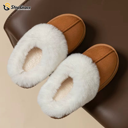 Stepgrace High Quality Indoor Warm Nonslip Fur Slipper PVC Thick Soles Wear Waterproof Wear-Resistant Soft Soles Winter Slippers