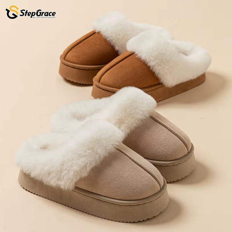 Stepgrace High Quality Indoor Warm Nonslip Fur Slipper PVC Thick Soles Wear Waterproof Wear-Resistant Soft Soles Winter Slippers