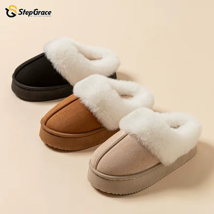 Stepgrace High Quality Indoor Warm Nonslip Fur Slipper PVC Thick Soles Wear Waterproof Wear-Resistant Soft Soles Winter Slippers