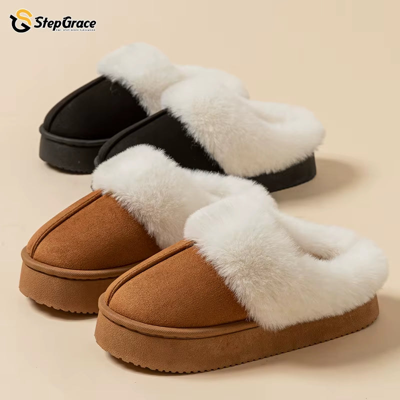 Stepgrace High Quality Indoor Warm Nonslip Fur Slipper PVC Thick Soles Wear Waterproof Wear-Resistant Soft Soles Winter Slippers