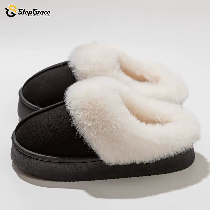 Stepgrace High Quality Indoor Warm Nonslip Fur Slipper PVC Thick Soles Wear Waterproof Wear-Resistant Soft Soles Winter Slippers