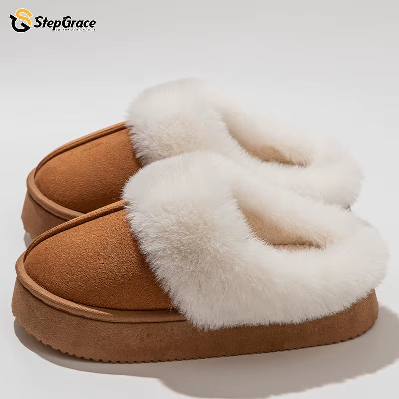 Stepgrace High Quality Indoor Warm Nonslip Fur Slipper PVC Thick Soles Wear Waterproof Wear-Resistant Soft Soles Winter Slippers